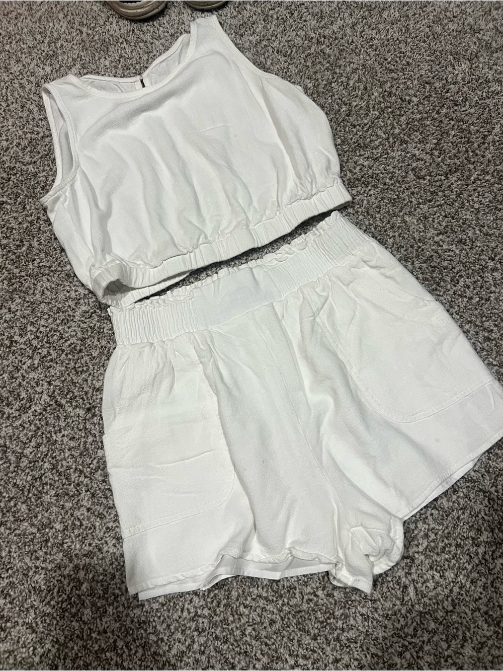 White Two-Piece Linen Tank & Elastic-Waist Shorts Set